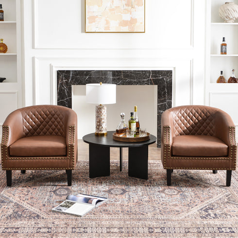 Louis Faux Leather Tufted Club Chair - Brown Accent Chair | Decorative Accent Chairs | Kinwell Furniture | Modern Club Chairs | Barrel Club Chair | Nailhead Trim Chair | Contemporary Faux Leather Chair | Elegant Brown Chair